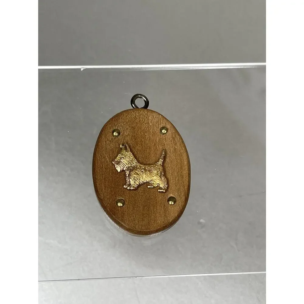 Scotty Dog Scottish Terrier Necklace Pendant Wood & Gold Tone MCM